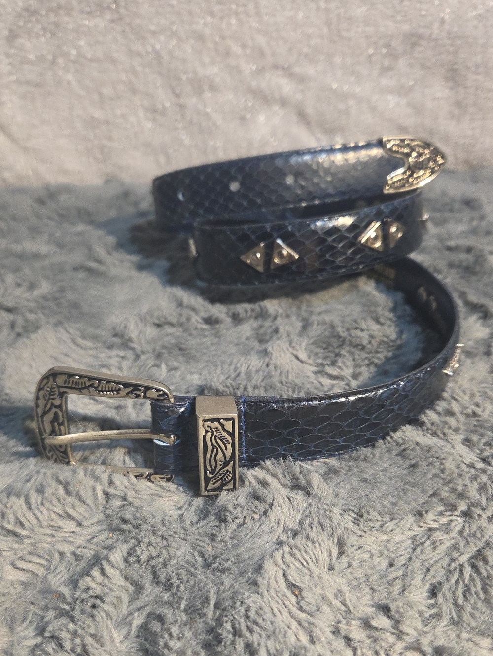 Lee Sands Snake Skin Blue  Leather Western Belt with Decorative Silver Buckle